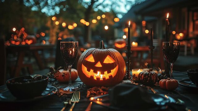 Enchanting Halloween Table Setting: A festive and eerie scene unfolds on a richly decorated table, featuring a glowing jack-o'-lantern amidst candles, creating a captivating atmosphere.