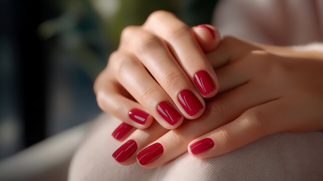 A close-up of well-groomed hands applying red nail polish, symbolizing elegance, classic beauty, and timeless fashion in modern nail art culture. cinematic color correction, gentle backlight, clean - Powered by Adobe