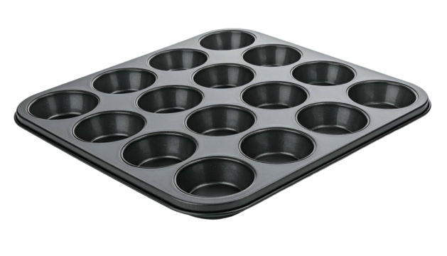 Muffin tin with fifteen cups, seen at an angle