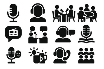 Podcast Show Icons. Solid style icons of podcast and talk shows: podcast mic, host with headphones, guest interview, roundtable