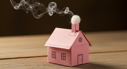 A small, pink cardboard house with a cotton ball chimney emits smoke, sitting on a wooden surface.
