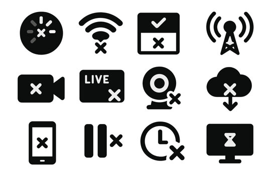 Streaming Icons. Solid style icons of streaming stop: buffering failed, signal lost, connection ended, broadcast off, video feed