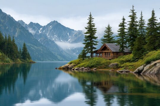 Serene wooden cabin nestled beside a tranquil lake with majestic snow capped mountains
