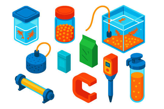 Aquarium Hatchery Essentials. Isometric vector illustration set Aquarium life &ndash; brine shrimp hatchery, eggs container, hatching