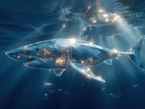Transparent, light sea creature bioluminescent shark floating gracefully through illuminated underwater environment High quality, cinematic, realism - AI-Generated
