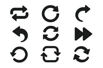 Solid Style Icons. Solid style icons of Repeat and retry: repeat symbol, replay button, retry arrow, redo icon, rotate arrow,