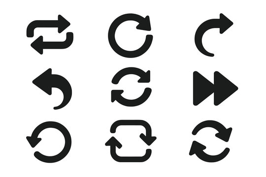 Solid Style Icons. Solid style icons of Repeat and retry: repeat symbol, replay button, retry arrow, redo icon, rotate arrow,