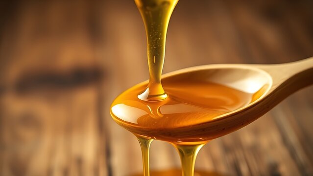 oligarchy. Golden honey dripping from a wooden spoon against a natural wood background. menu design, packaging mockups, designed for culinary blogs and recipe cards for restaurants.