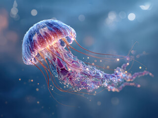Transparent, luminescent jellyfish floating in dark teal ocean waters with pulsing tendrils - AI-Generated
