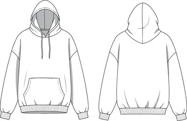 Hooded sweatshirt technical sketch, front and back view, fashion flat drawing, hoodie design template, apparel vector, garment illustration