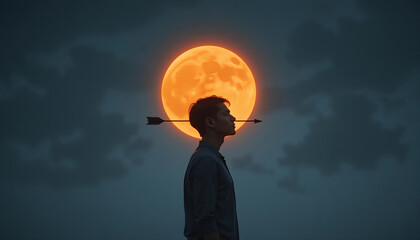 Surreal Silhouette of a Man with an Arrow Piercing His Head Against a Large Bright Orange Full Moon and Cloudy Night Sky, Concept for Stress, Mental Health, Sacrifice, or Creative Abstract Background
