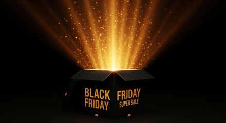 Black friday super sale concept with an open gift box emitting golden light and sparkles