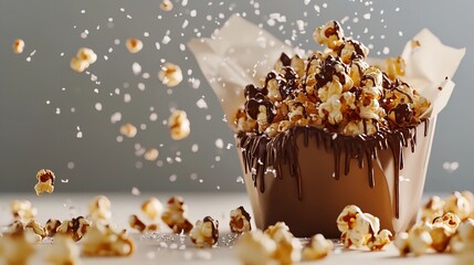 Delicious caramel popcorn drizzled with chocolate and sprinkled with salt on a gray background