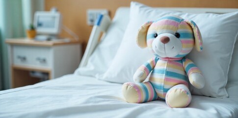 Pediatric Hospital Room Detail Bed and Toys A close up shot of a pediatric hospital bed, featuring a soft, colorful stuffed animal placed neatly on the crisp white sheets. The scene is clean and well