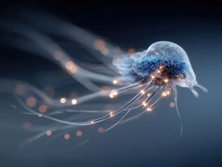 Close-up photograph of a glowing jellyfish floating in dark water The jellyfish has translucent tentacles and emits a soft, colored luminescence High resolution and realism - AI-Generated