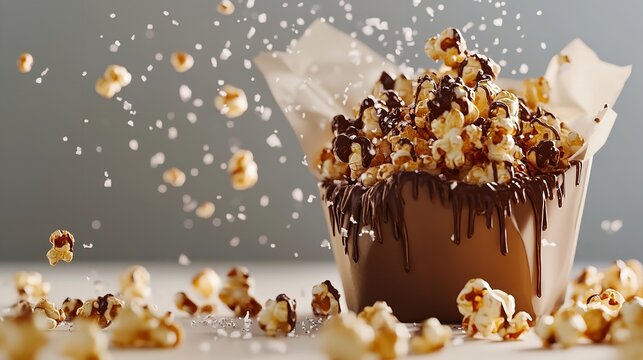 Delicious caramel popcorn drizzled with chocolate and sprinkled with salt on a gray background - Powered by Adobe