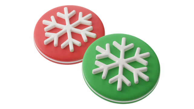 Festive red and green cookies adorned with crisp white snowflakes create a delightful holiday treat perfect for seasonal celebrations and winter themes.
