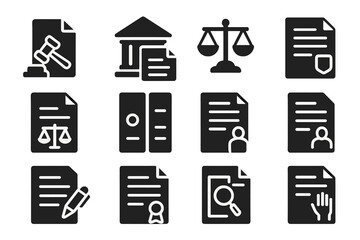 Law Icons Collection. Solid style icons of Law and justice contracts: judge hammer with document, courthouse with file, legal