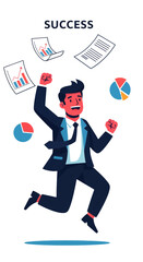 Joyful Businessman Celebrates Triumph With Data Charts and Documents After Achieving Goals