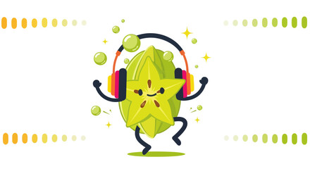 Joyful Carambola Character Grooving in Headphones Enjoying Tunes and Good Vibes