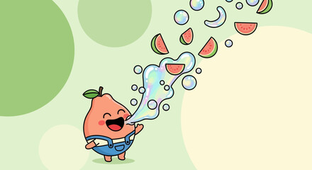 Joyful Cartoon Pear Character Blowing Bubbles With Watermelon Slices and Freshness