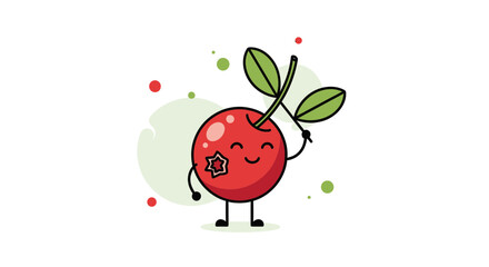 Joyful Cherry Cartoon Character With Leaves And Smiling Face Against White Background