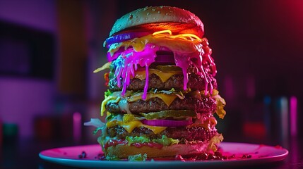 A vibrant neon burger with multiple patties, cheese, and colorful toppings, dripping with sauce on a plate
