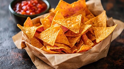 Golden tortilla chips overflowing from a paper container with salsa on a dark textured surface