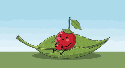 Joyful Cherry Character Lounging On A Gigantic Leaf With Affectionate Expression