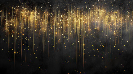 Golden glitter sparkles cascade down black backdrop, creating shimmering, elegant effect with vertical light streaks and scattered glowing particles for festive atmosphere