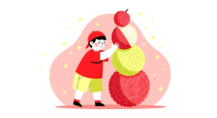 Joyful Child Building Lychee Tower In Playful Scene Against A Pink Backdrop