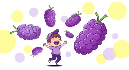 Joyful Child Celebrates A Grape-Filled Feast In A Sunny, Artistic Illustration
