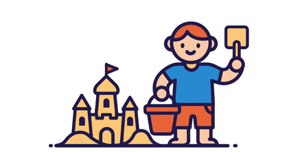 Joyful Child Building Sandcastle On Beach With Bucket And Shovel In Summer Vacation