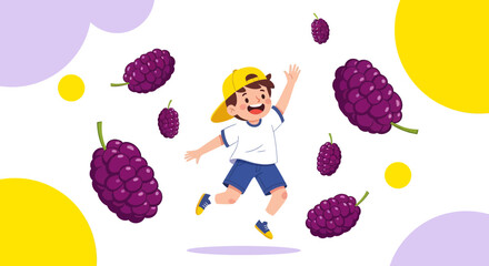 Joyful Child Celebrates Falling Mulberries and Playful Summer Afternoon Adventures