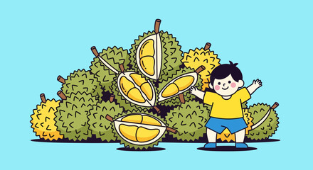 Joyful Child Celebrates A Heap Of Fresh Durians, Vector Illustration Against Blue