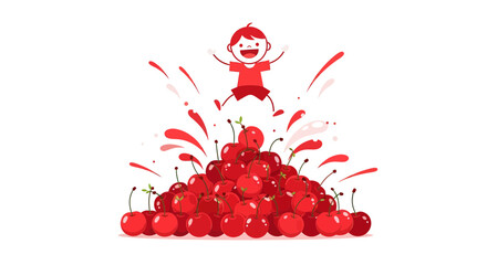 Joyful Child Celebrates Sweetness, Jumping Over Pile Of Ripe, Delicious Cherries