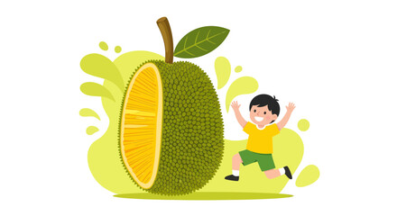 Joyful Child Celebrates A Fresh Jackfruit Slice Near A Large, Green Fruit