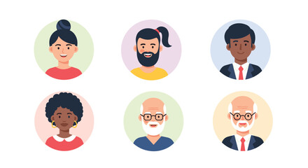 Diverse group of smiling people represented by clean flat design avatar icons, illustrating various ages, genders, and ethnicities.