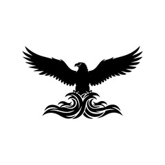 Obraz premium Black silhouette of an eagle with wings spread wide, perched on abstract wavy lines
