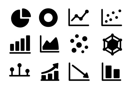 Solid Chart Icons. Solid style icons of charts: pie chart, donut chart, line chart, scatter plot, histogram, area chart, bubble