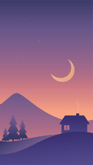 Naklejka premium Minimalistic night landscape with house in Scandinavian style. Gradient vector art in purple colors. Hand drawn original illustration for Christmas cards.