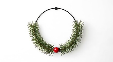Minimalist Christmas wreath with green pine sprigs and a single red berry on a white background.