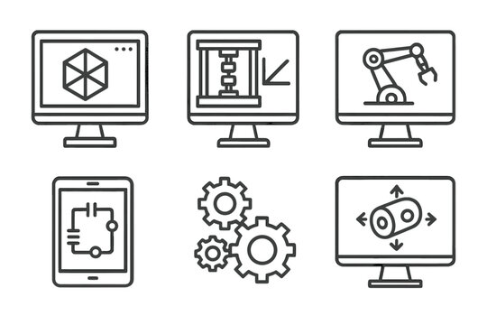 Virtual Engineering Icons. Line style icons of virtual engineering labs: CAD simulation screen, material stress test, robotics arm
