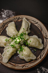 Delicious homemade dumplings with fresh herbs on rustic plate