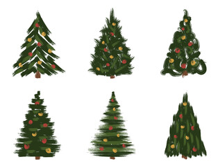 Decorated Christmas trees with brushstroke texture. Christmas, New Year and winter vector design. Hand drawn original illustrations.