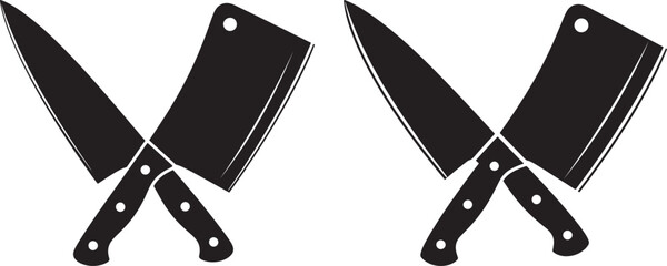 Two crossed butcher knives and chef knife silhouette