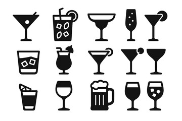 Cocktail Icons Collection. Solid style icons of cocktail drinks: martini glass, mojito glass, margarita glass, champagne flute,