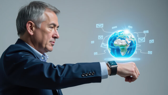 Innovative businessman using smartwatch, showcasing global connectivity and technology. image conveys sense of modernity and communication