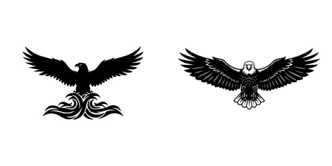 Obraz premium Two black silhouette eagle icons, one with abstract wavy lines