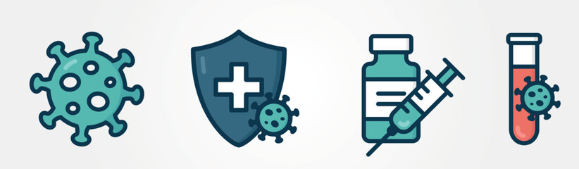 Vaccination icon set. Virus protection symbols. Isolated vector color image. Hand drawn original illustration.